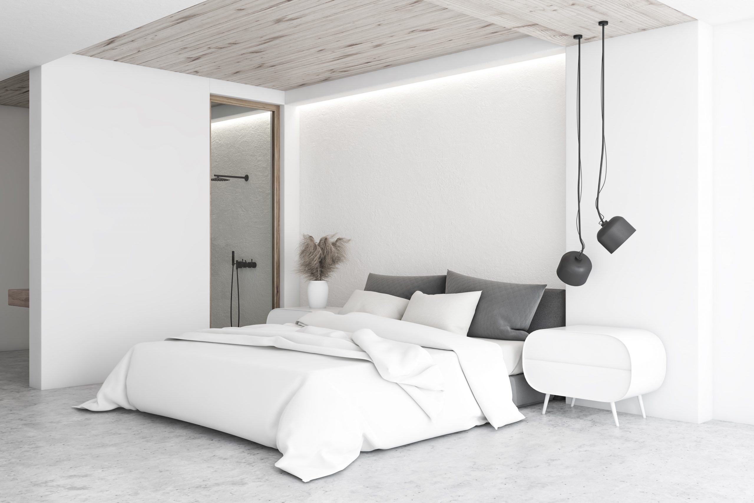 Corner of luxury minimalistic bedroom with white walls, concrete floor, master bed with two bedside tables and stylish ceiling lamps. Bathroom with shower in background. 3d rendering